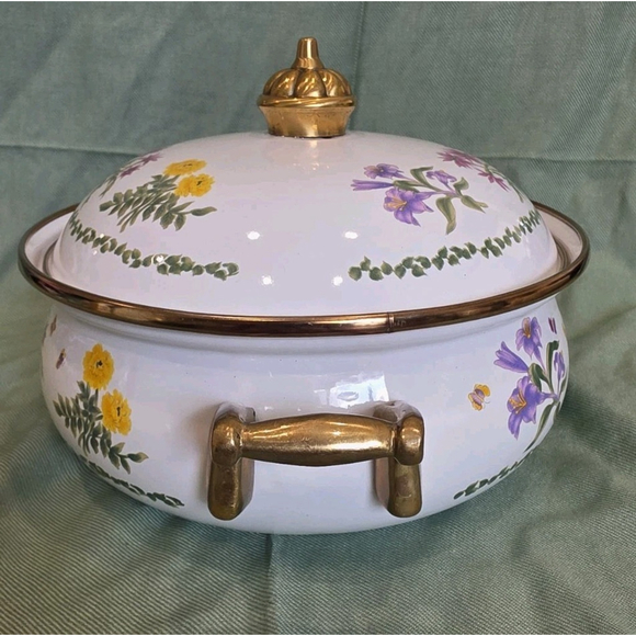 Vtg Lincoware Enamelware Brass Handles Dutch Oven Pot With Lid Flower Pattern - Picture 4 of 10